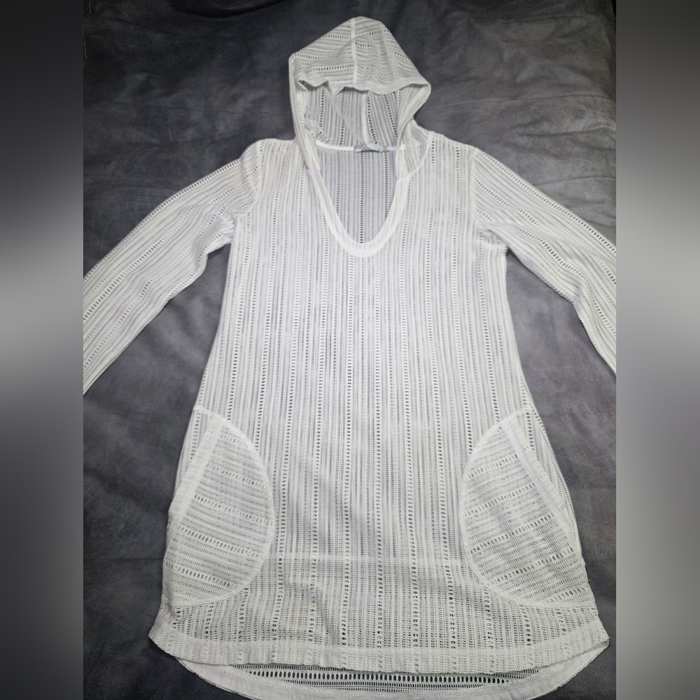 PrAna Two Beach Hooded Tunic Swimsuit Coverup W/Pockets- Size Sm White